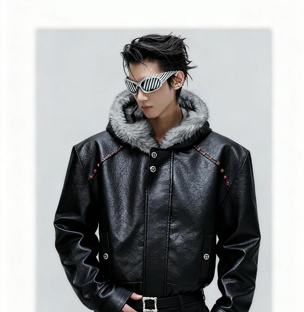 American Hooded PU Leather Winter Jacket with Faux Wolf Fur Collar for Men
