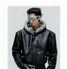 American Hooded PU Leather Winter Jacket with Faux Wolf Fur Collar for Men
