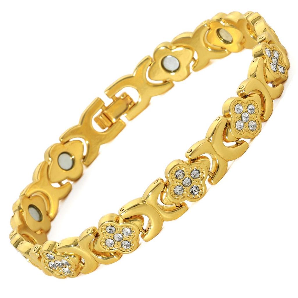 European & American Magnetic Bracelet: Fashionable Four-leaf Clover Alloy with Diamond Inlay, Single Row Magnetic Jewelry for Women.