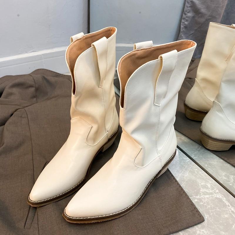 New Style Women's High Heels Mid Calf Pleated Boots for Women Winter Brown Leather Western Boot Woman Thick Heeled Cowgirl Boots