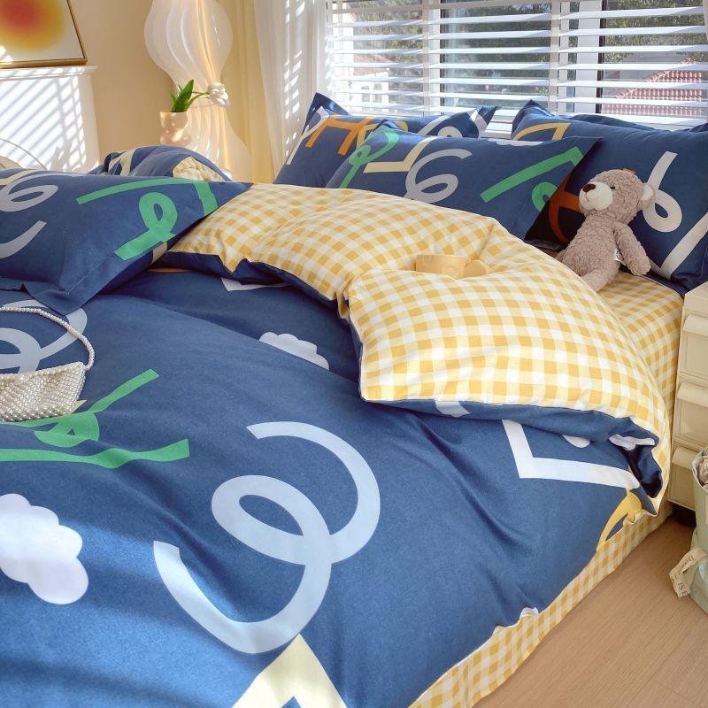 Thickened Pure Abraded Four-piece Set, Single Double Skin-friendly Twill Bed Sheet, Quilt Cover, Dormitory Three-piece Set, Bedding