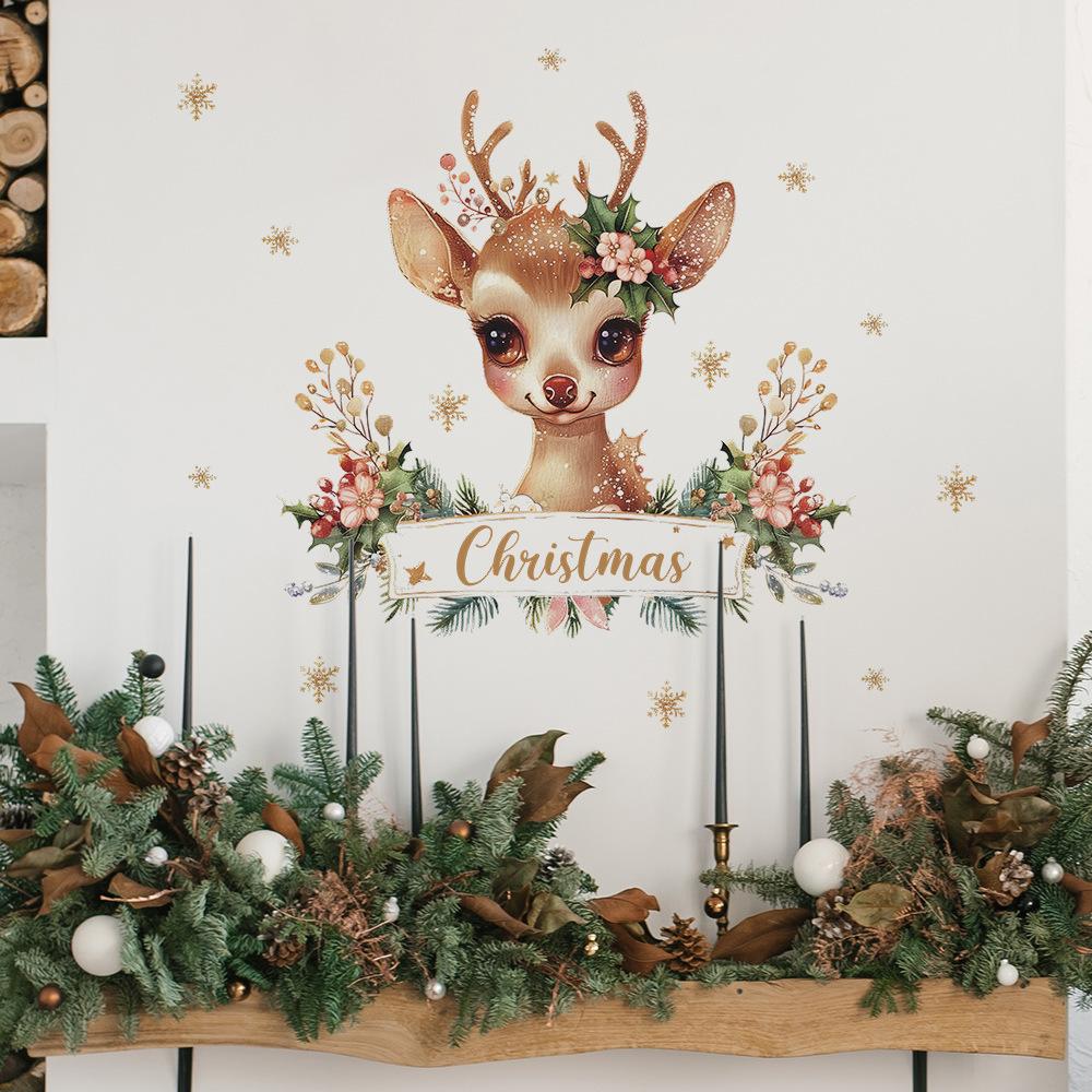 Christmas Deer English Slogan Green Plant Bedroom Living Room Study Background Landscaping Wall Sticker