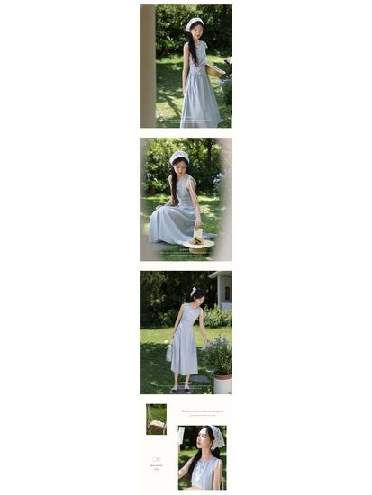 Women's French Blue Elegant Summer Long Dress with Slimming Waist Design