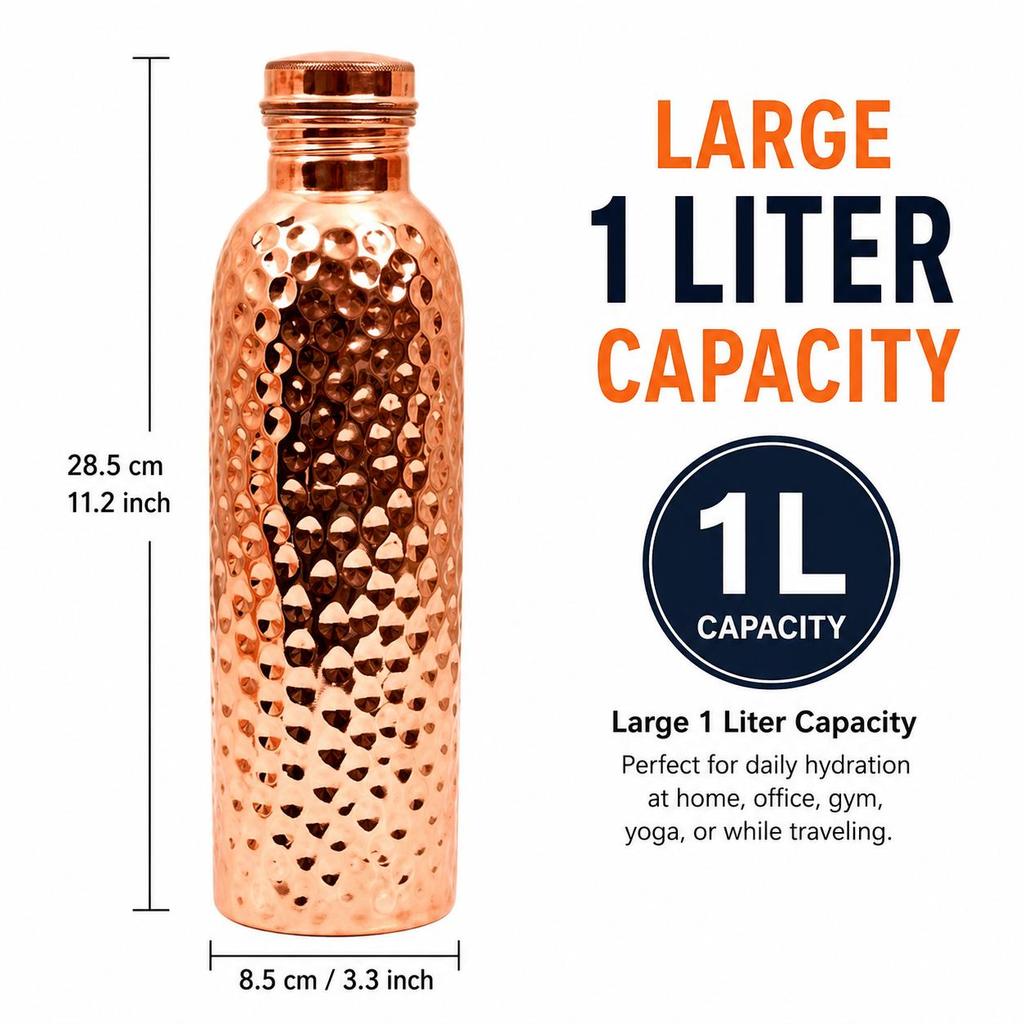 Bottiglia d'Acqua Nirmal Ganga in Rame Puro - Design Martellato, Capacità 1 Litro, Rame Shudh Premium, Ottima Qualità per Esportazione confezione da 1