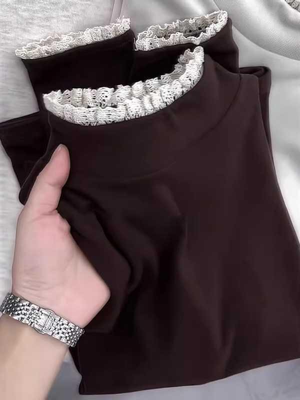 Women's French Lace Trim Plush Long-Sleeve T-shirt: Stylish, Slimming Base Layer for Autumn/Winter
