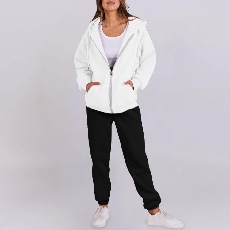Dames Trainingspak Set Met Capuchon Lange Mouwen Effen Kleur Rits Elastische Taille Losse Mode
