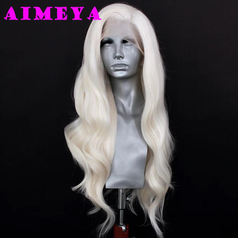 AIMEYA Platinum Lace Wig 13x4 Natural Hairline Blonde Synthetic Lace Front Wig for Women Long Natural Wave Daily Use Cosplay Wig