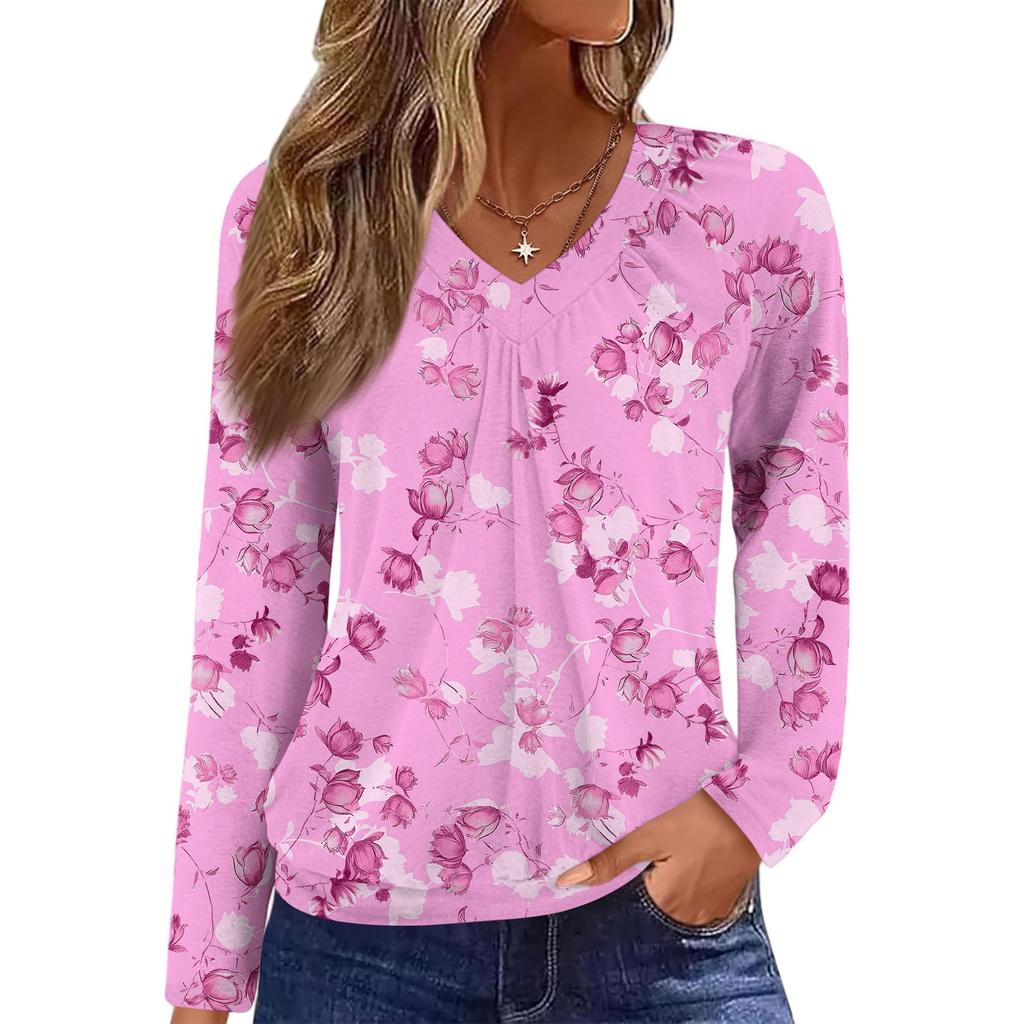 Women's Casual Fashion V-Neck Raglan Pleated Floral Print Long Sleeve Top