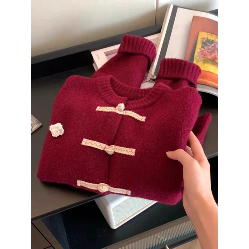 

New red round neck long-sleeved cardigan winter new button design knitted sweater top trendy one size fits all