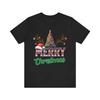 Merry Christmas T Shirt with Festive Tree and Reindeer Antlers Jersey