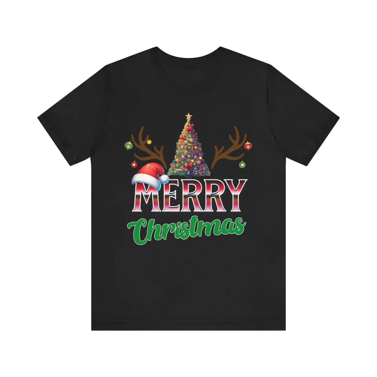 

Merry Christmas T Shirt with Festive Tree and Reindeer Antlers Jersey XXXXXL чорний