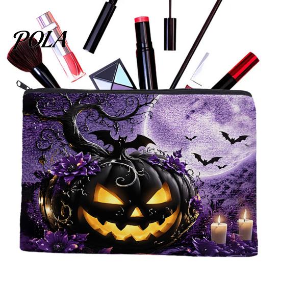 Washable Storage Pouch Bag, with Halloween Pattern Print, Smooth Zipper Durable Canvas Dust-proof Container Organizer, Portable Stationery Case,