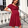 QICED Pregnant Women's Dress: V-neck Short-sleeved Wide-swing Dress with Drawstring Trim on The Chest