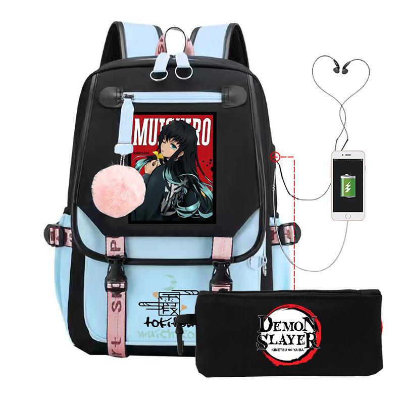 Casual Korean version schoolbag ghost extermination animation two-dimensional trend boys and girls USB backpack two-piece set