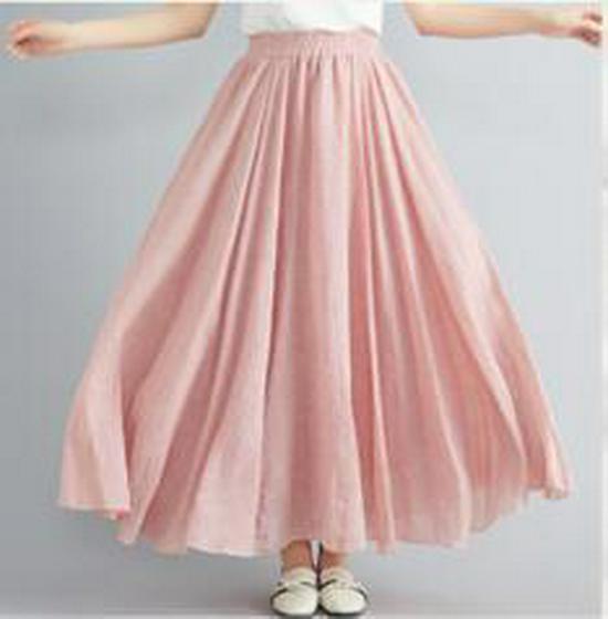 Women's Plus Size Cotton Linen Midi A-Line Skirt with Elastic Waist In 20 Colors