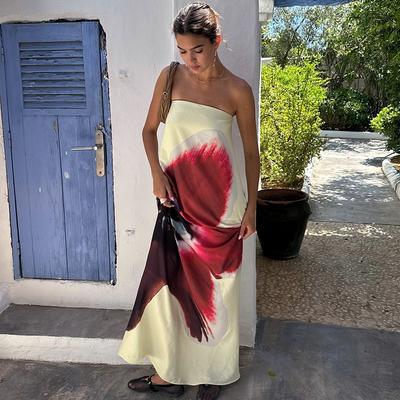 Φαρδιά λουλούδια στράπλες γυναικείες ρόμπες με σέξι ώμους Αμάνικο μάξι φόρεμα χωρίς πλάτη μόδα Γυναικεία φορέματα για πάρτι