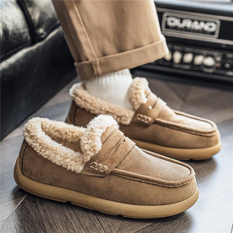 Moccasins Men Loafers Winter Driving Shoes Warm Fleece Slip On Low Top Snow Boots Plush Flats Outdoor Fur Lined Casual Shoes
