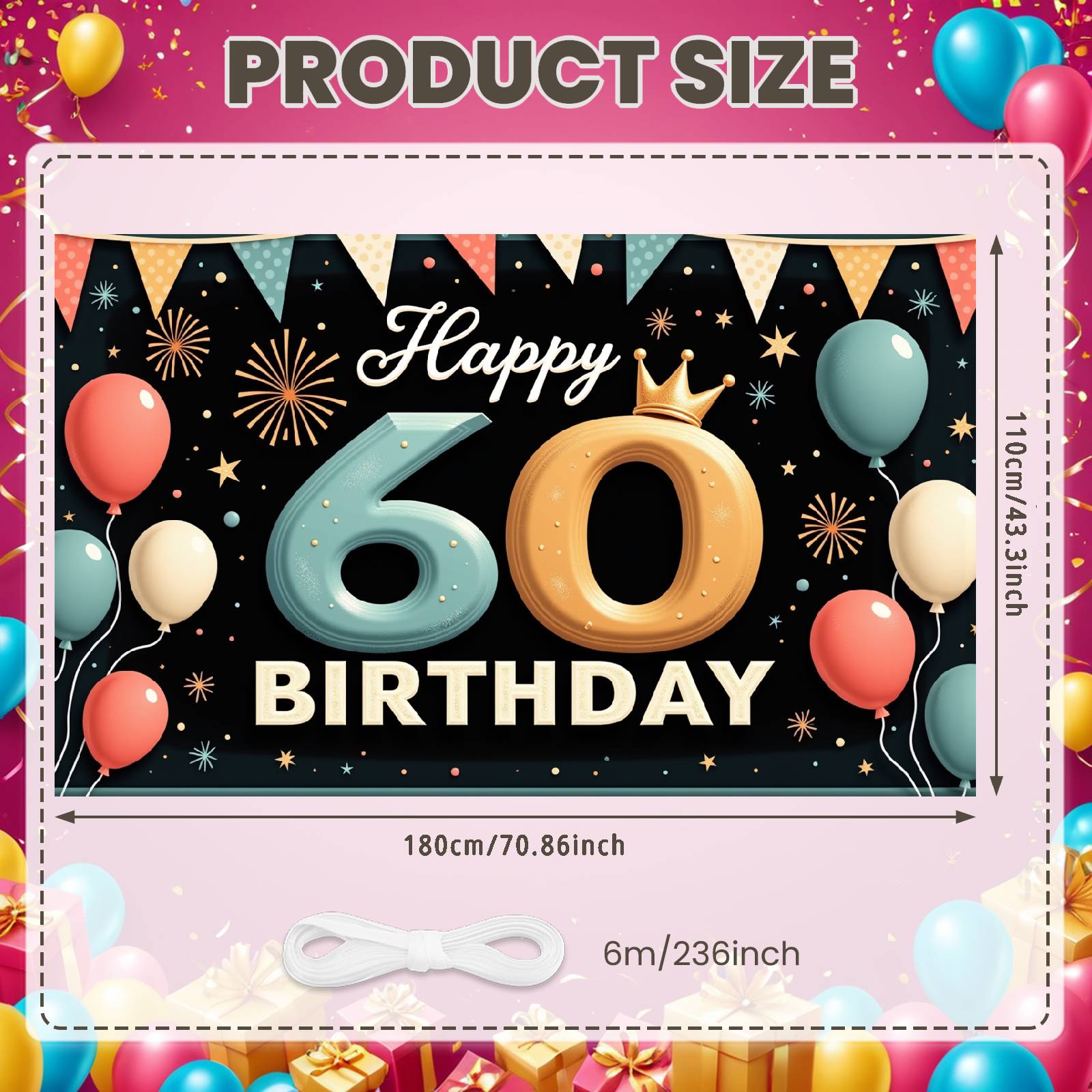

Happy 60 Birthday Banner Retro Font Royal Birthday Backdrop Adult Birthday Background Multicolor Decor For Indoor Party