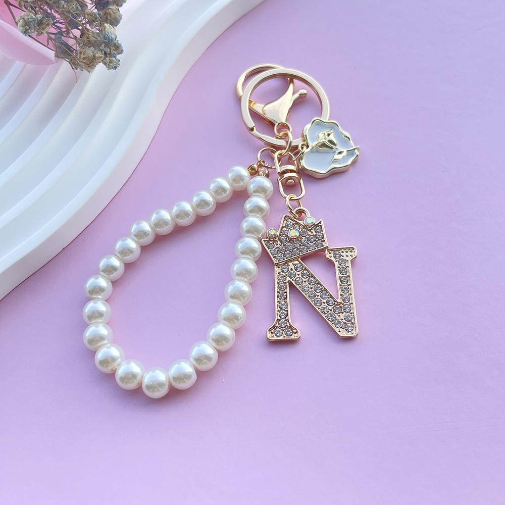 Boutique Crown A-Z 26 Initial Letters Rose Keyring Crystal Faux Pearl Resin Beaded Keychain Bag Pendant Women Girl Gifts Jewelry