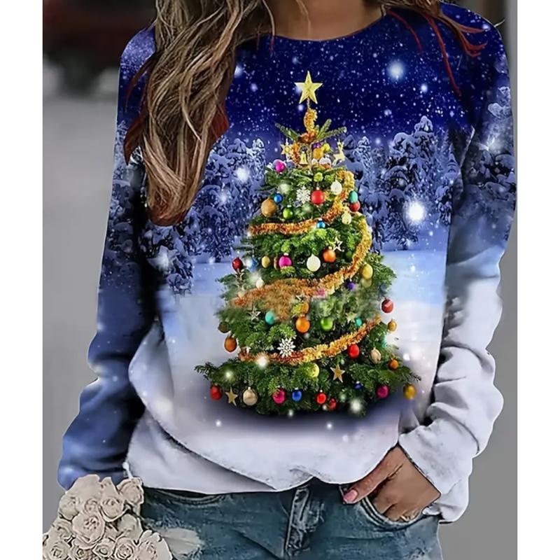 2025 Autumn & Winter Women's New Casual Crew Neck Long Sleeve Top 3D Christmas Pattern