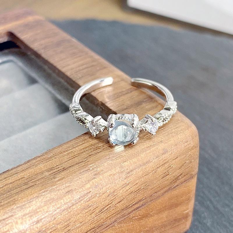 Diamond Sea Blue Moonstone Ring, Female Niche Design, Index Finger Ring, Light Luxury, High-End Personality Ring.