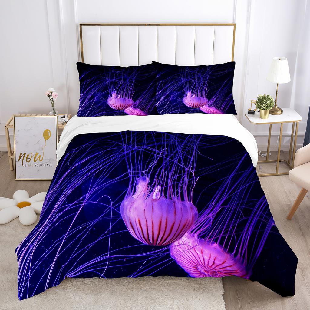 Jellyfish Duvet Cover Set Blue Sea Wild Animals Theme King Queen Size for Kids Teens Adult Polyester Bedding Set with Pillowcase