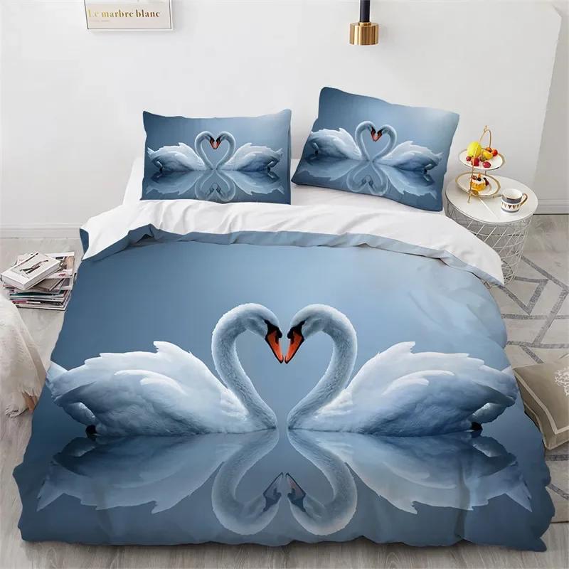 Comforter Romantic Swan Microfiber Flower Bedding Set Wild Animals Twin King For Girls Teen Adults Bedroom Decor