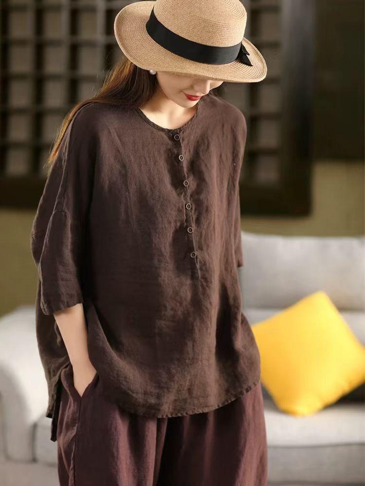 Johnature Women Vintage Solid Color T-Shirts O-Neck Half Sleeve Button Loose Summer Casual T-Shirts