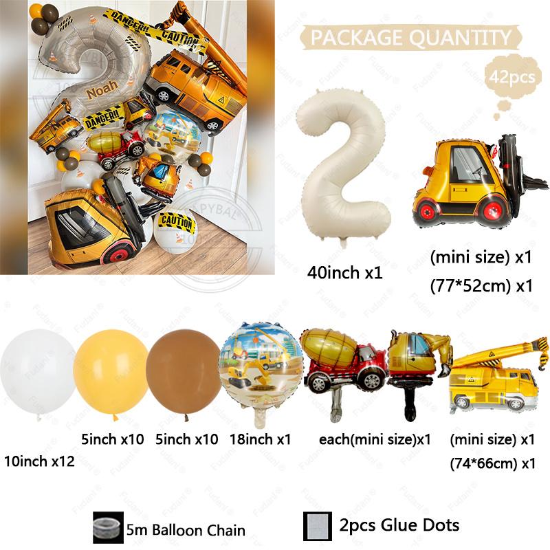 42pcs Cartoon Engineering Car Balloon Cream White Number Birthday Balloon Set Architecture Theme Party Decoration Festive Ballon