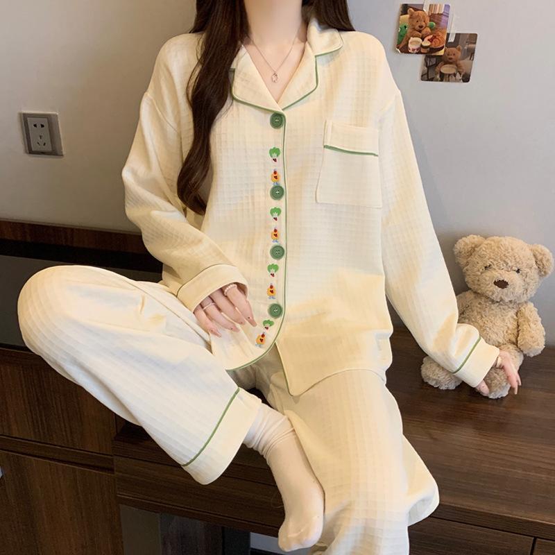 Air cotton pajamas women's autumn and winter long sleeves thickened interlayer warm stars cat student loungewear real shot