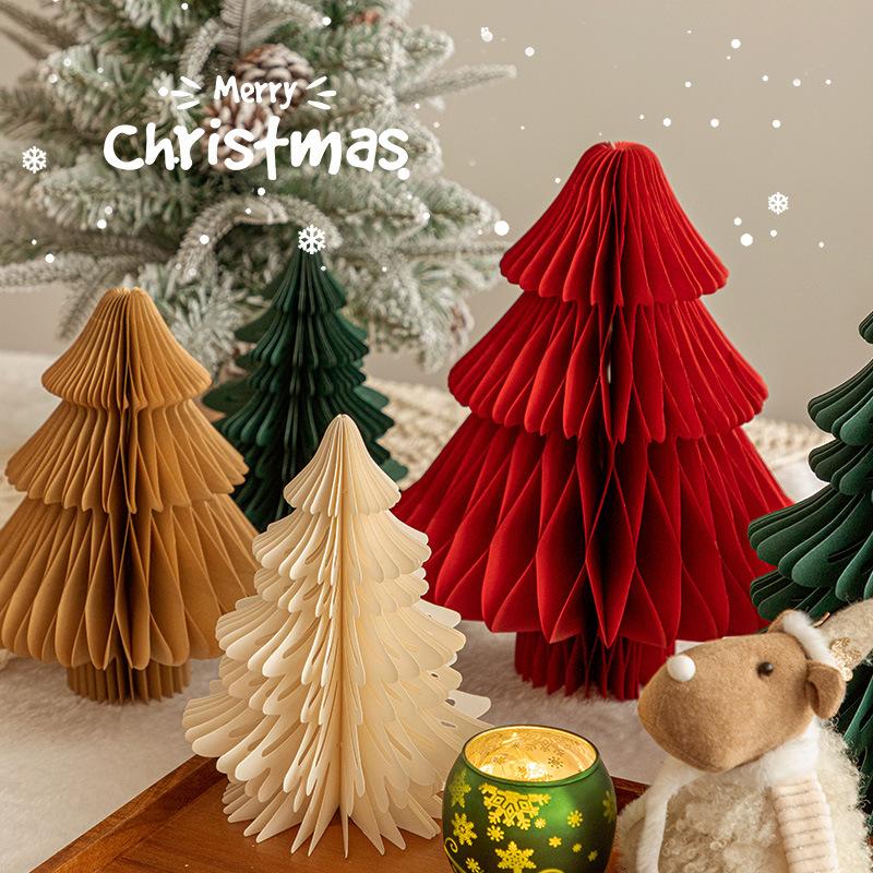 Foldable Paper Holiday Tree Ornament 3D Honeycomb Christmas Tabletop Centerpiece for Home Party Seasonal Decor