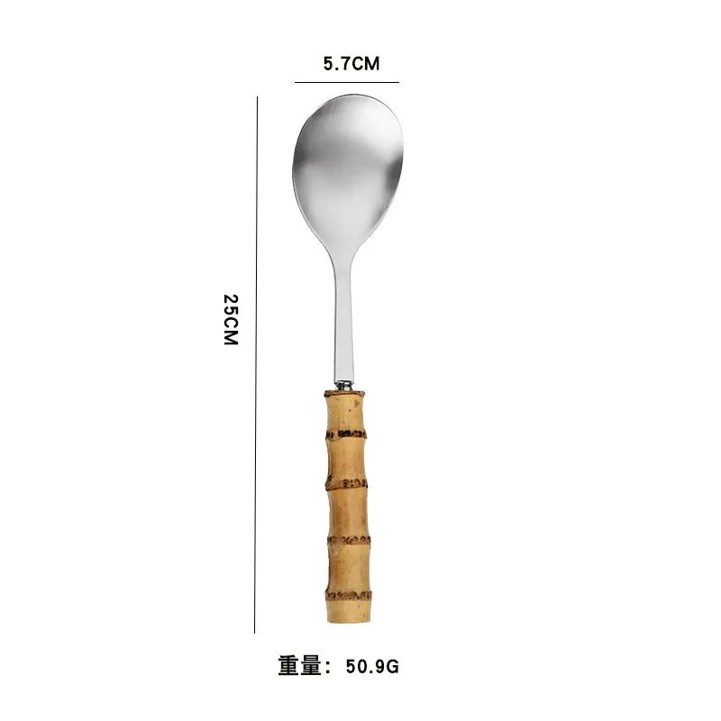 

Вилка для салата из нержавеющей стали с антиожоговой бамбуковой ручкой, универсальная сервировочная ложка, вилка для пасты, фруктовая десертная вилка и ложка, столовые приборы