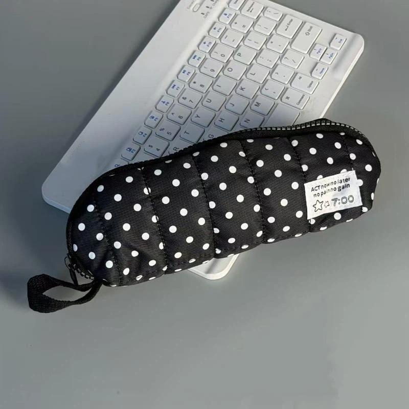 Cute Polka Dot Quilted Pencil Case Large Capacity Portable Strap For School Office Students Use