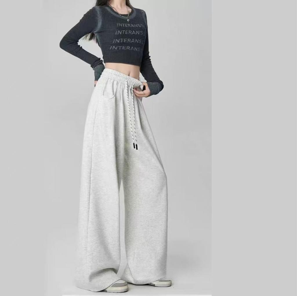 New Spring Autumn Women Sports Sweatpants, High Waist Draping Wide Leg Pants, American Style Trousers For Petite Figures