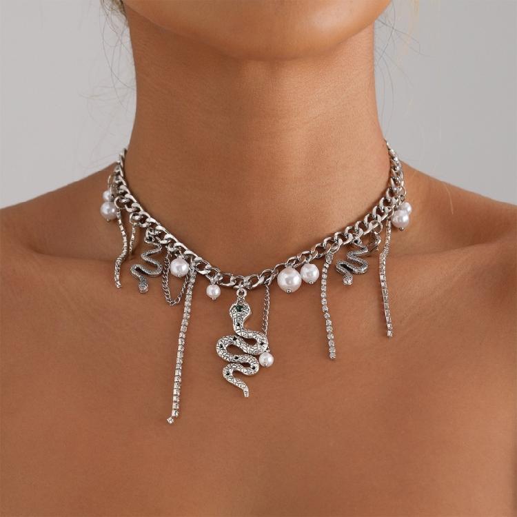 Sophisticated Snake Shape Pearls Pendant Necklace Tassels Necklace Suitable for Women Who Love Distinctive Style