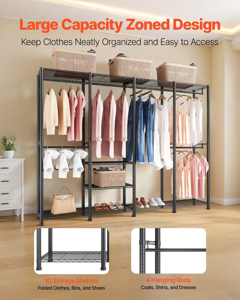 Clothing Garment Rack, Heavy Duty Closet Wardrobe, Adjustable Tiers Clothes Racks with Steel Frame, 499 kg Load Capacity Clothes Rack with 4 Hanging