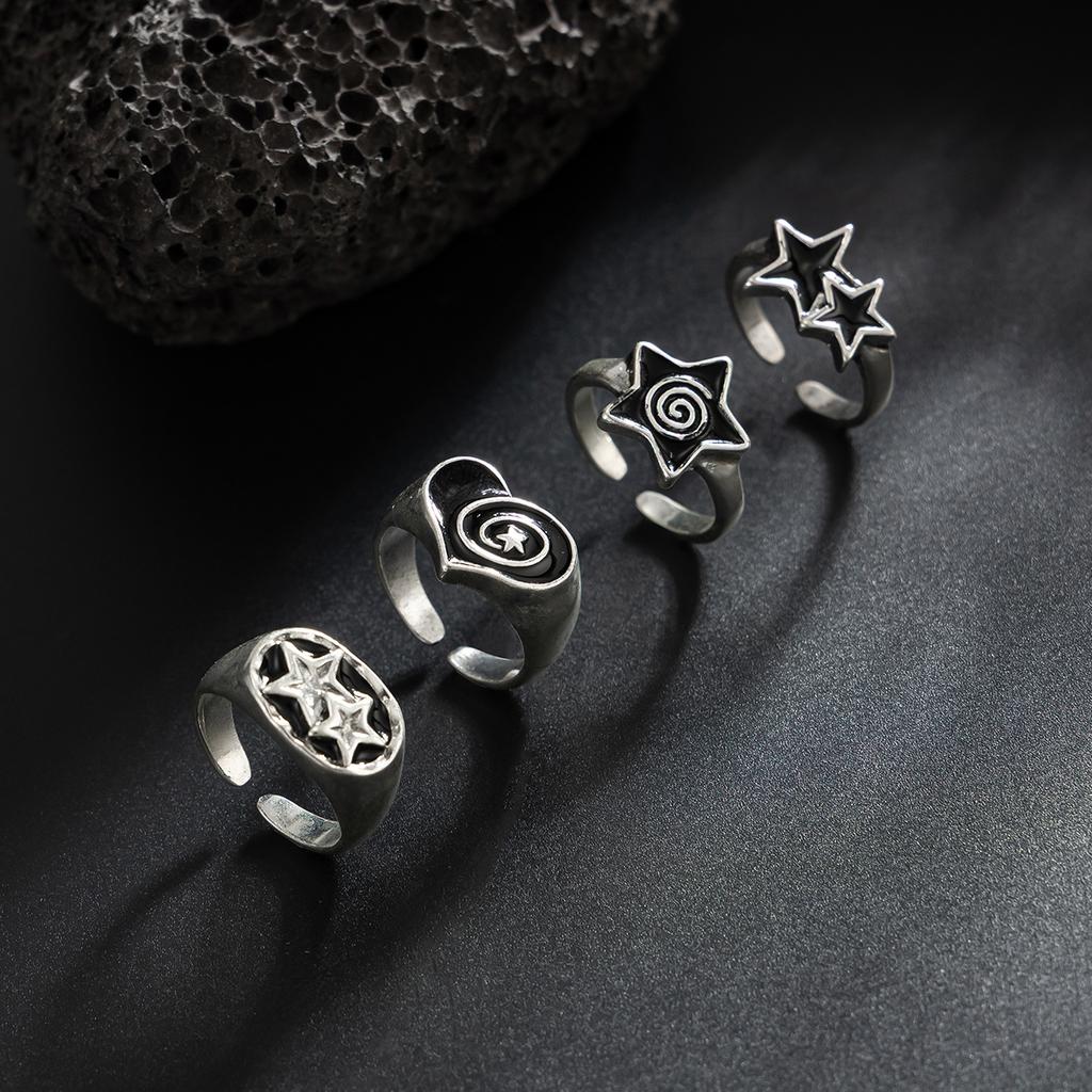 Dark Oil Drip Pentagram Ring Set for Men Hip Hop Niche Heart Ring Men's Jewelry
