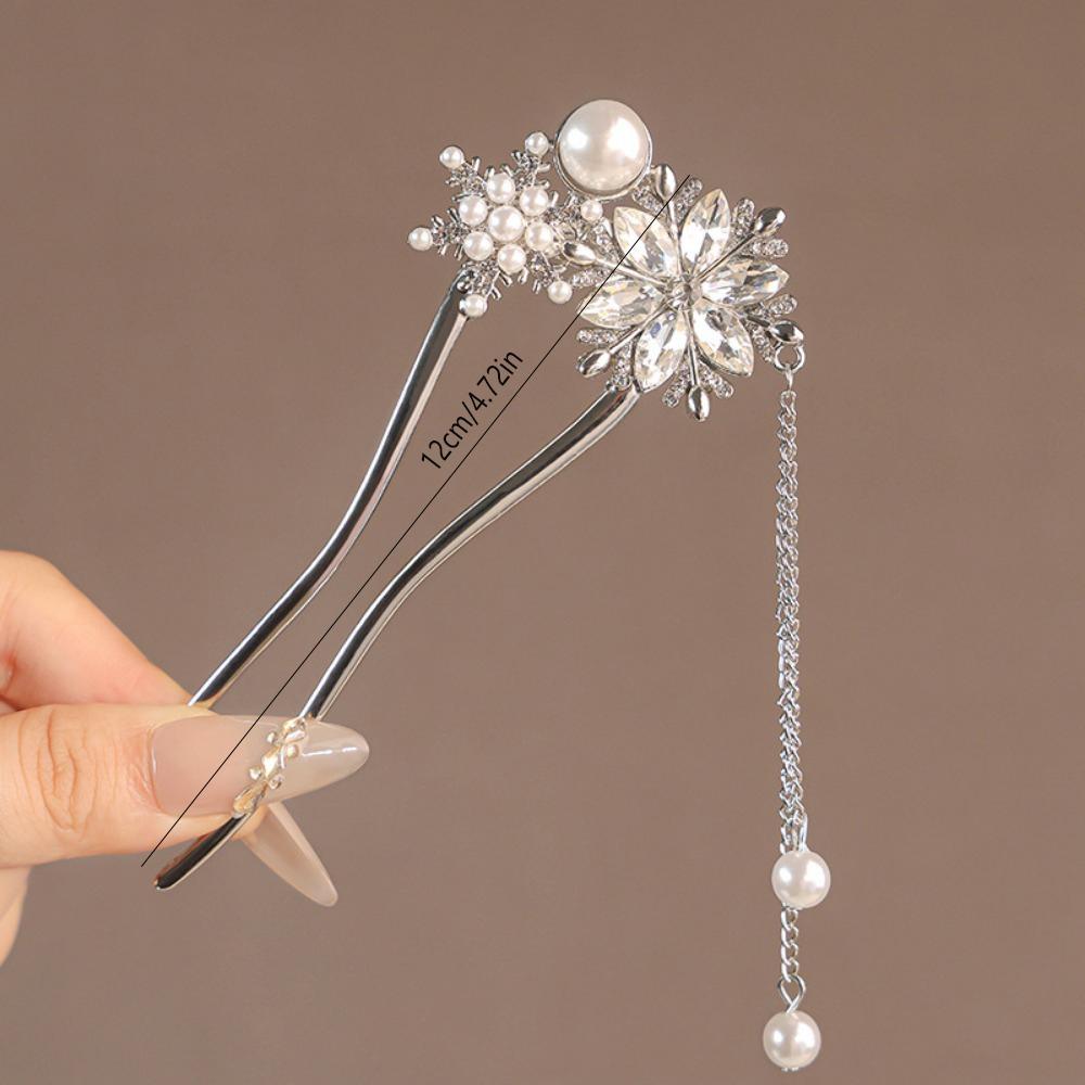 Korean Retro Pearl Rhinestone Tassel Hair Sticks for Women Zircon Crystal Flower Elegant Hair Combs Women Daily U-Shaped Hairpin