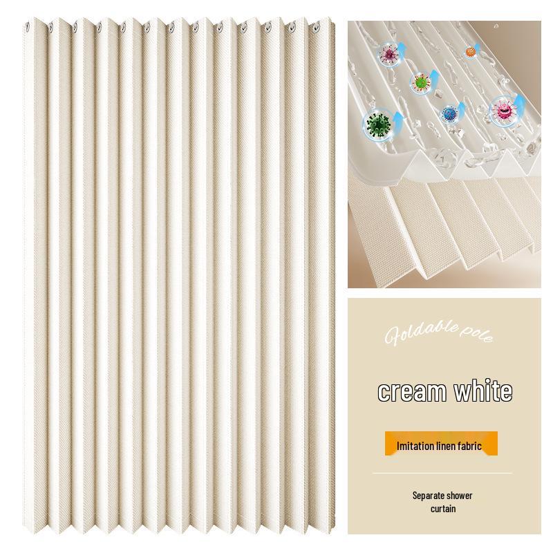 Durable Linen-Like Folding Shower Curtain with Telescopic Rod for Bathroom Optimization