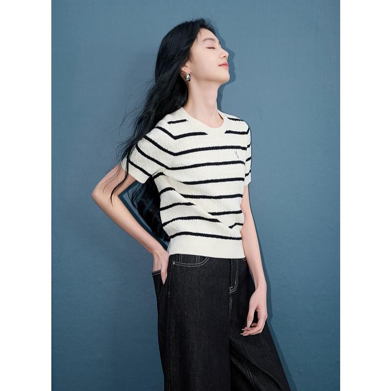 

Sancai 2025 Осень Полосатый Пуловер с Коротким Рукавом Вязаный Жгутом S