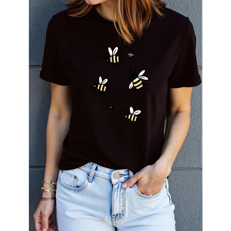 Bee Print T-Shirt - Soft Breathable Quick-Dry Short Sleeve Top with Beehive & Bee, Casual Round Neck Blouse for Outdoor Summer Wear,