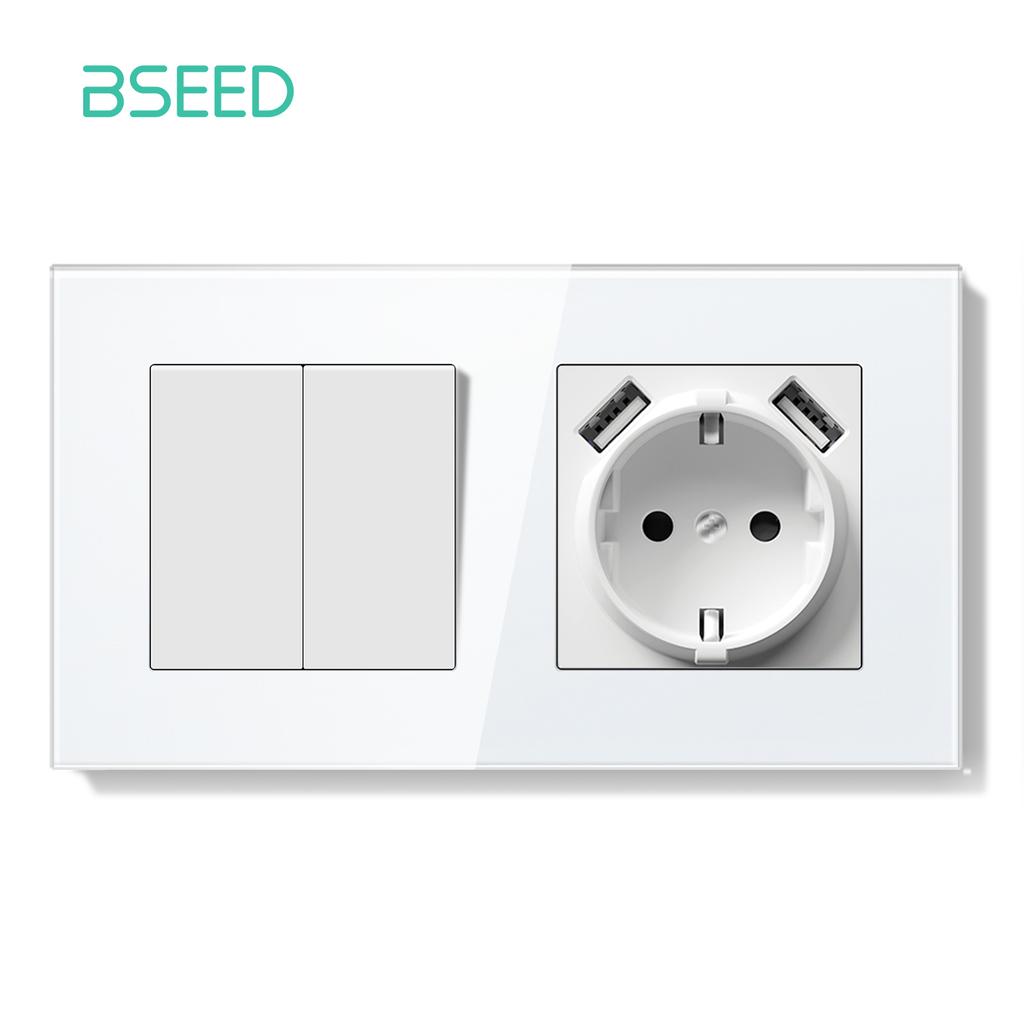 BSEED Switch Light Switch White Glass Frame Wall Power Sockets USB-C Phone Charge E-Series EU Standard 2 Way