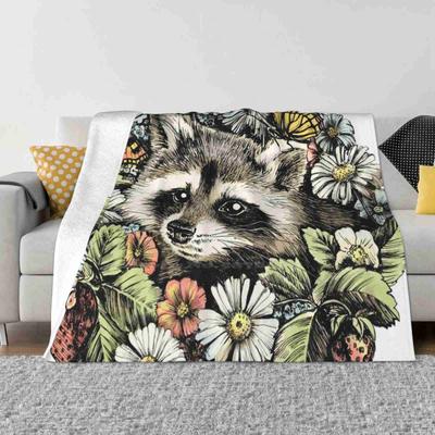 Summer Raccoon New Selling Custom Print Flannel Soft Blanket Ink Pen Raccoon Summer Strowberry Flower Animal Plant Cute