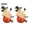 Decorative Bar Accessories Cute Ghost Figurine, Sitting on Pumpkin Statue with Witch Halloween Table Decor Hat, Resin Tabletop Ornament for Home Party