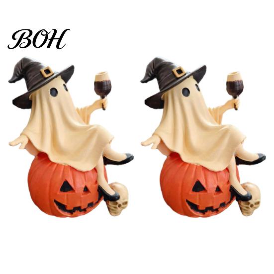 Decorative Bar Accessories Cute Ghost Figurine, Sitting on Pumpkin Statue with Witch Halloween Table Decor Hat, Resin Tabletop Ornament for Home Party