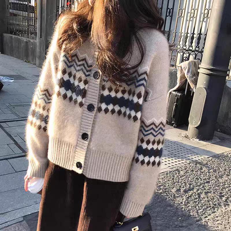 Korean vintage print loose sweaters outer wear spring autumn women's clothing knitted cardigan top sweater cardigan jacket women