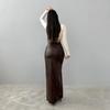 Fashionable PU Leather Solid Color Splicing Design Sense High Waist Slit Slim Fit Long Skirt