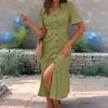 Summer Casual V Neck Short Sleeve Maxi Dress Women Beach Sundress Ruched Button Down Long A Line Swing Dress