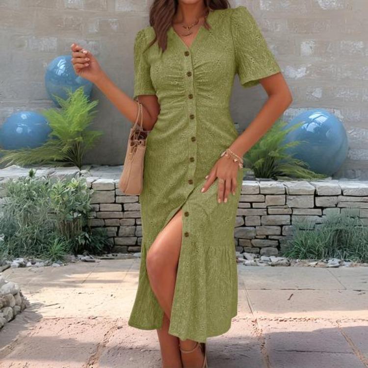 Summer Casual V Neck Short Sleeve Maxi Dress Women Beach Sundress Ruched Button Down Long A Line Swing Dress