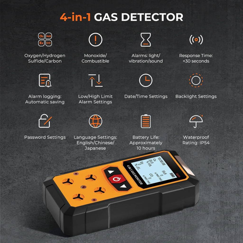 For 4-in-1-Mit O2-CO2-Gasleckdetektor, Luftqualitätsmonitor, Sauerstoff, O2, Kohlenmonoxid, Ex, Brennbares Co, H2s